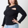 Plus Size Ribbed Cutout Long Sleeve Top – Black