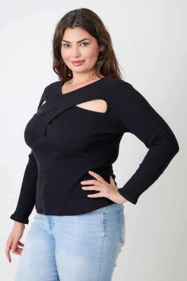 Plus Size Ribbed Cutout Long Sleeve Top – Black