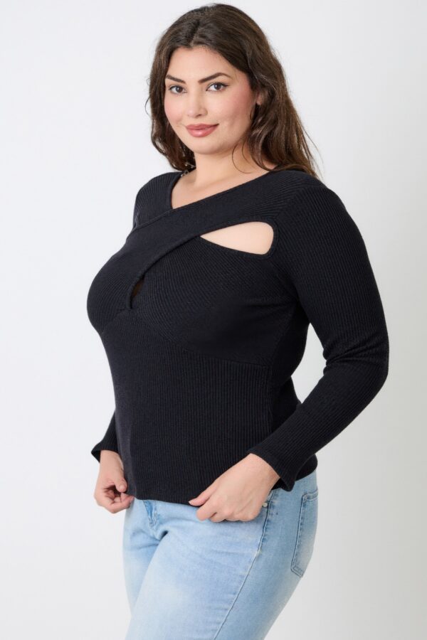 Plus Size Ribbed Cutout Long Sleeve Top – Black