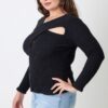 Plus Size Ribbed Cutout Long Sleeve Top – Black