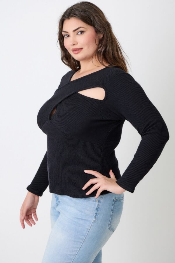 Plus Size Ribbed Cutout Long Sleeve Top – Black