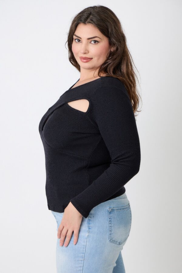 Plus Size Ribbed Cutout Long Sleeve Top – Black