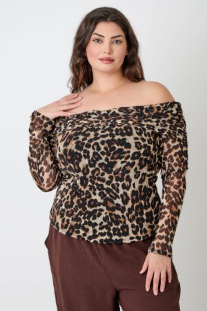 Plus Size Leopard Off-the-Shoulder Blouse with Ruched Neckline