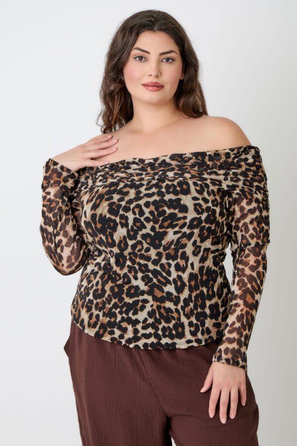 Plus Size Leopard Off-the-Shoulder Blouse with Ruched Neckline