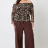 Plus Size Leopard Off-the-Shoulder Blouse with Ruched Neckline