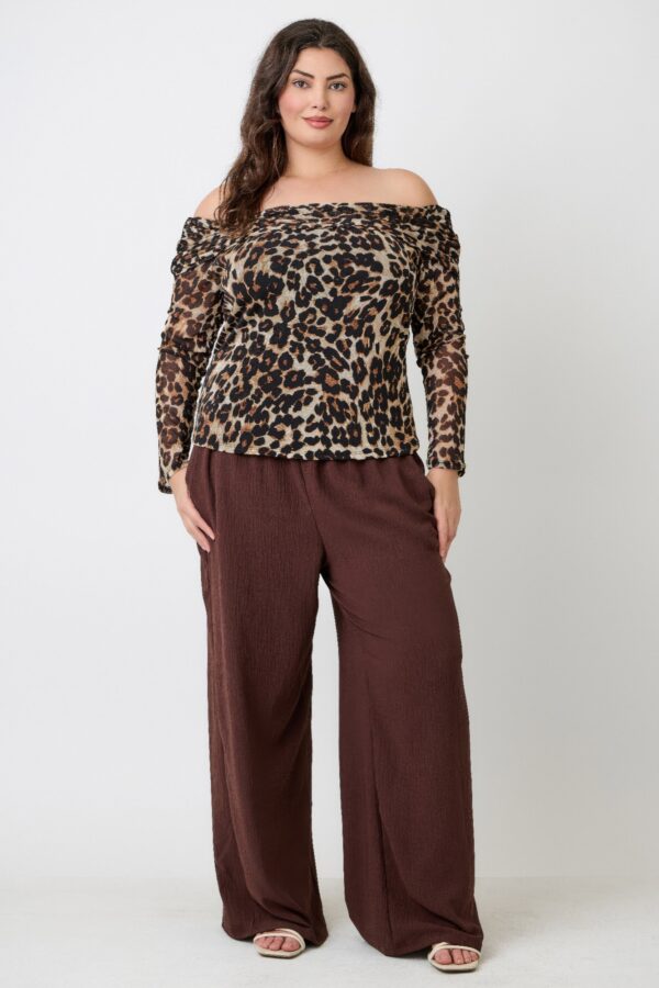 Plus Size Leopard Off-the-Shoulder Blouse with Ruched Neckline