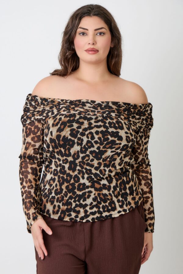 Plus Size Leopard Off-the-Shoulder Blouse with Ruched Neckline