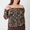 Plus Size Leopard Off-the-Shoulder Blouse with Ruched Neckline