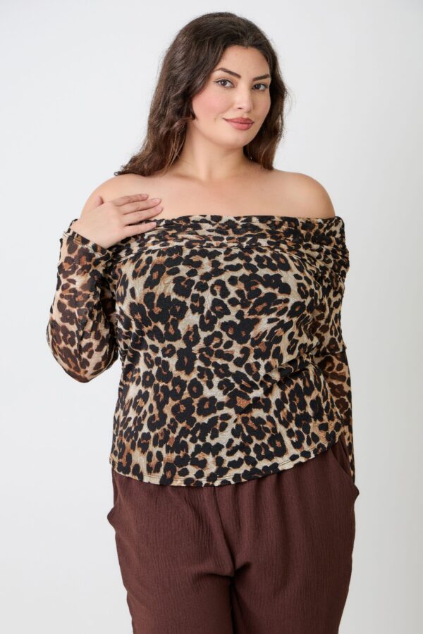 Plus Size Leopard Off-the-Shoulder Blouse with Ruched Neckline