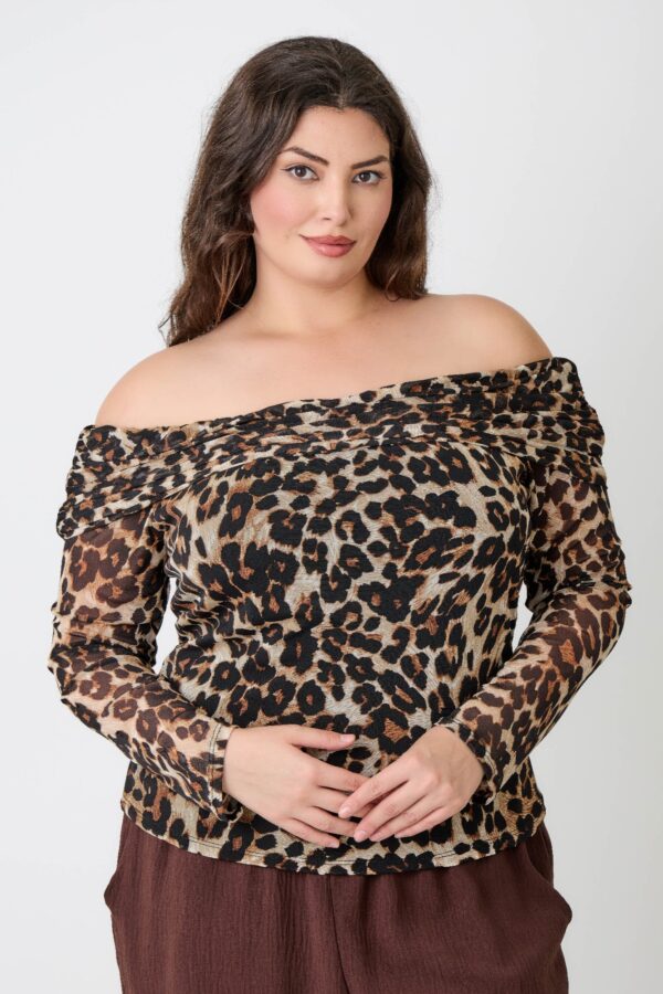Plus Size Leopard Off-the-Shoulder Blouse with Ruched Neckline