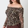 Plus Size Leopard Off-the-Shoulder Blouse with Ruched Neckline