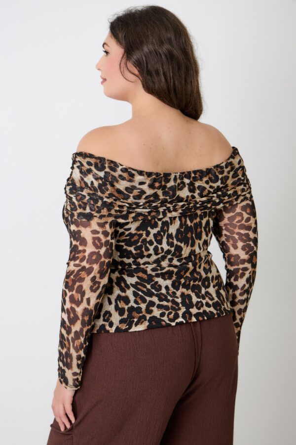 Plus Size Leopard Off-the-Shoulder Blouse with Ruched Neckline