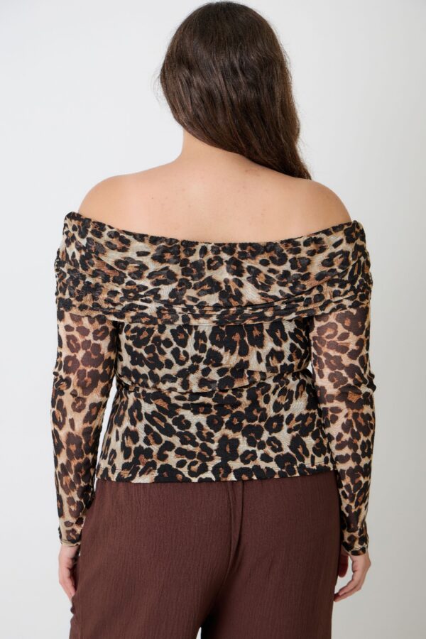 Plus Size Leopard Off-the-Shoulder Blouse with Ruched Neckline