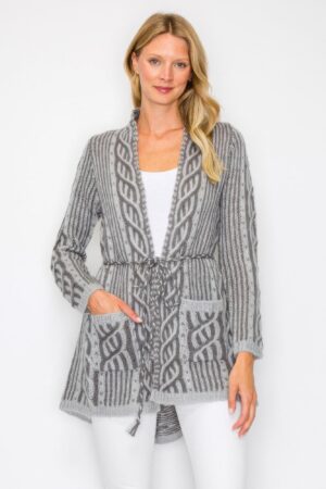 Open-Front Wool Cardigan with Belt String & Pockets