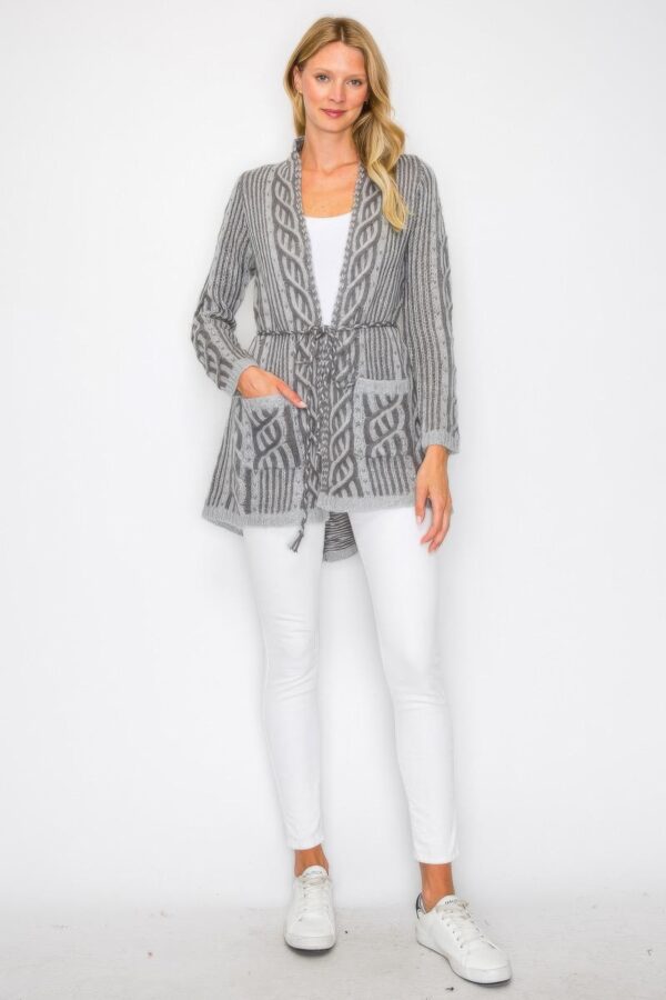 Open-Front Wool Cardigan with Belt String & Pockets