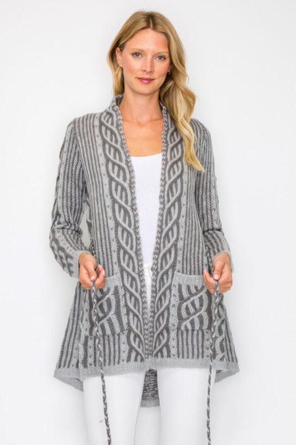 Open-Front Wool Cardigan with Belt String & Pockets