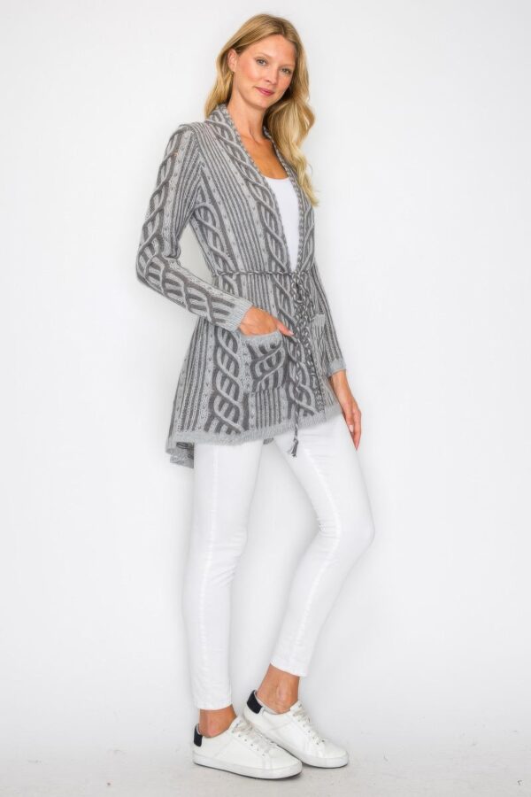 Open-Front Wool Cardigan with Belt String & Pockets