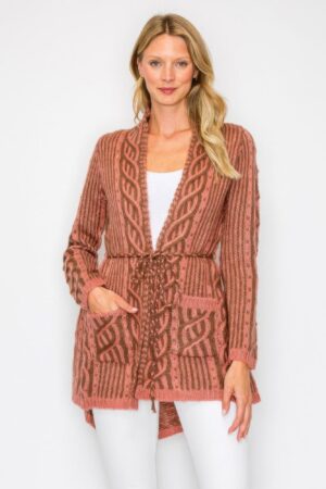 Open Wool Cardigan with Belt and Front Pockets
