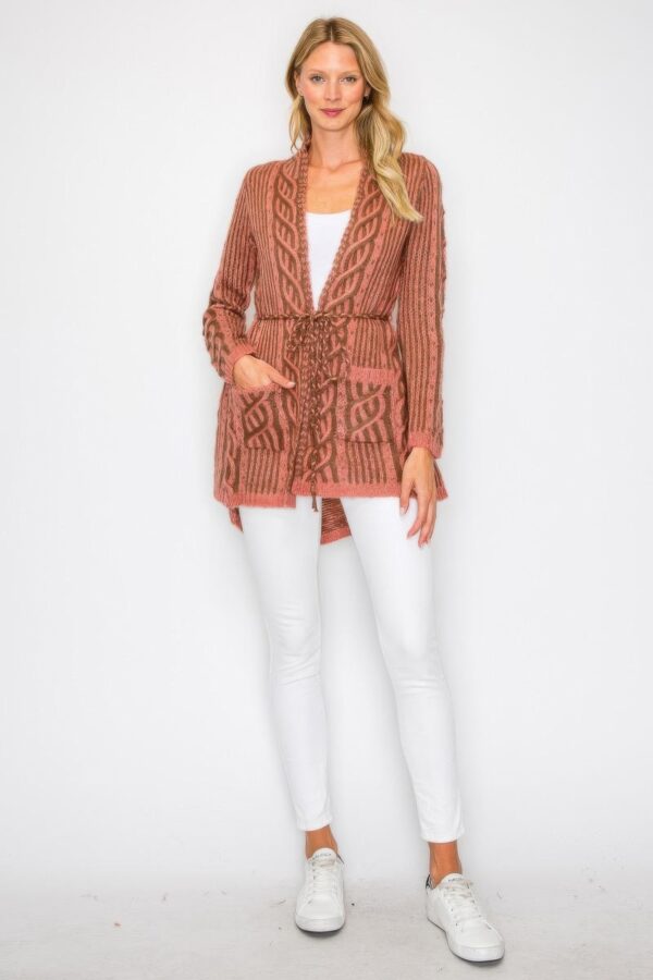 Open Wool Cardigan with Belt and Front Pockets