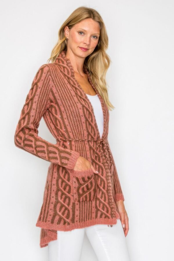 Open Wool Cardigan with Belt and Front Pockets