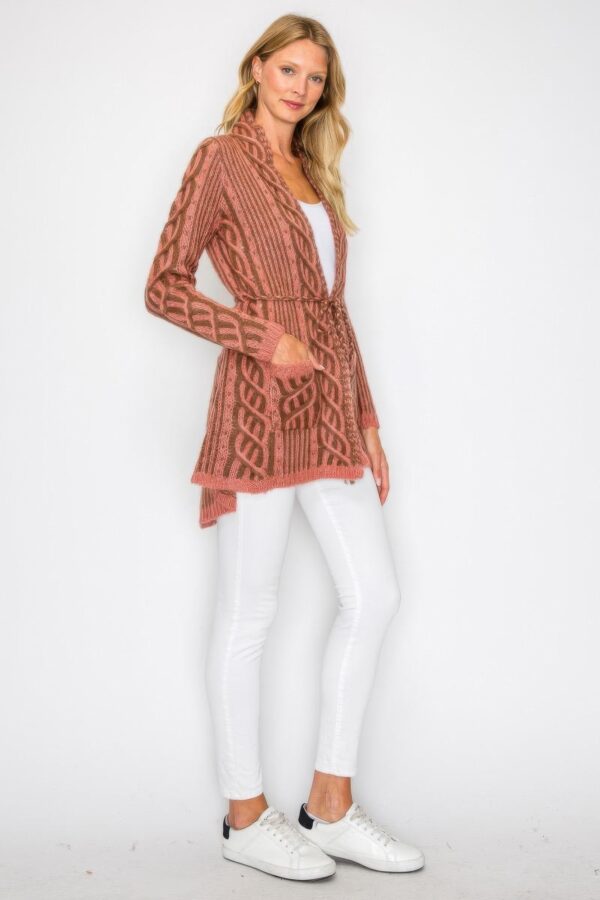 Open Wool Cardigan with Belt and Front Pockets
