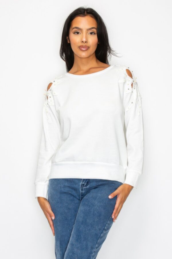 Solid Pearl-Bead Flower Patch Cut-Out Sweatshirt