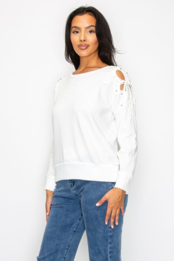 Solid Pearl-Bead Flower Patch Cut-Out Sweatshirt
