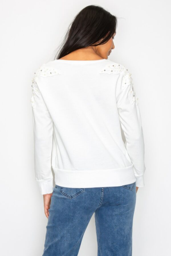 Solid Pearl-Bead Flower Patch Cut-Out Sweatshirt
