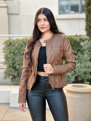 Women’s Hooded Faux Leather Jacket – Structured Moto
