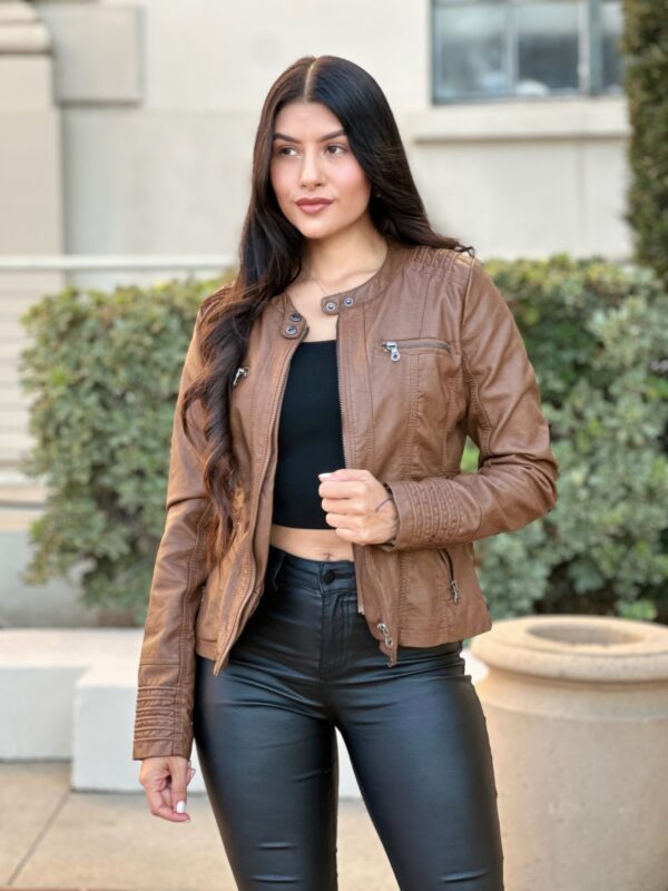 Women’s Hooded Faux Leather Jacket – Structured Moto