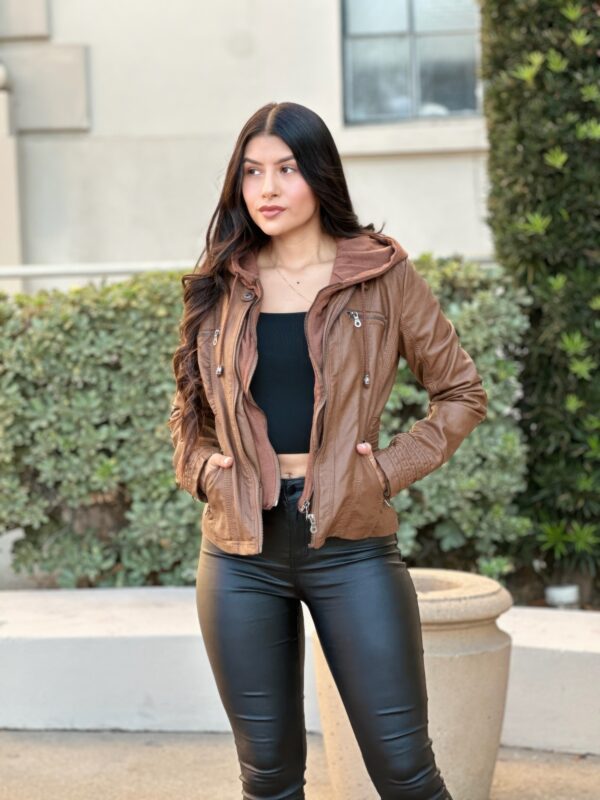 Women’s Hooded Faux Leather Jacket – Structured Moto