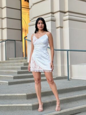 Satin Wrap-Lace Mini Dress – Nude, Party