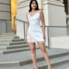 Satin Wrap-Lace Mini Dress – Nude, Party