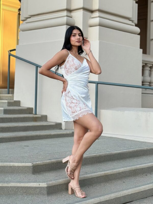 Satin Wrap-Lace Mini Dress – Nude, Party