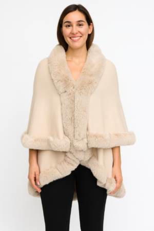 Crimson Faux Fur-Trim Cape – Draped Mid-Thigh