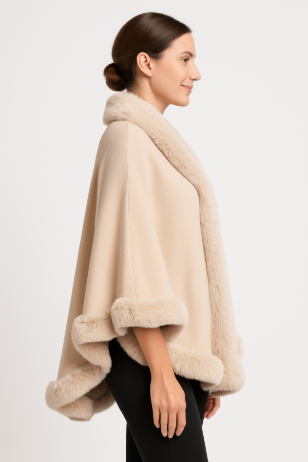 Crimson Faux Fur-Trim Cape – Draped Mid-Thigh