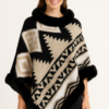 Tribal Geometric Faux-Fur Trim Poncho – Acrylic Knit