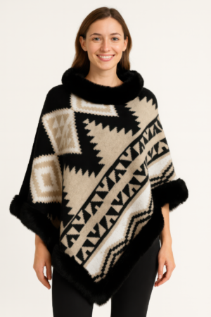 Tribal Geometric Faux-Fur Trim Poncho – Acrylic Knit