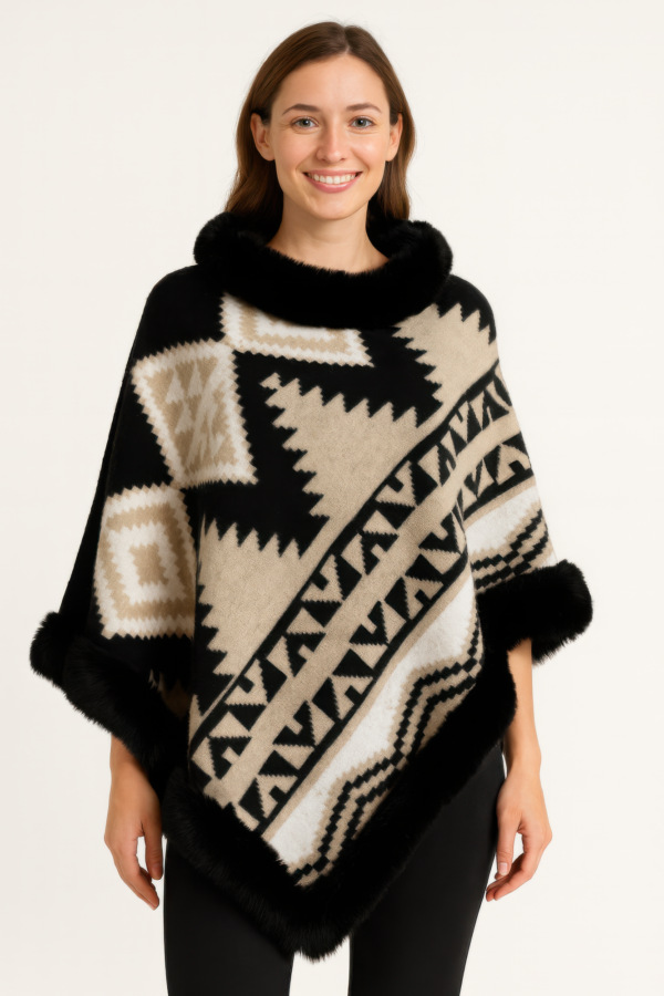 Tribal Geometric Faux-Fur Trim Poncho – Acrylic Knit