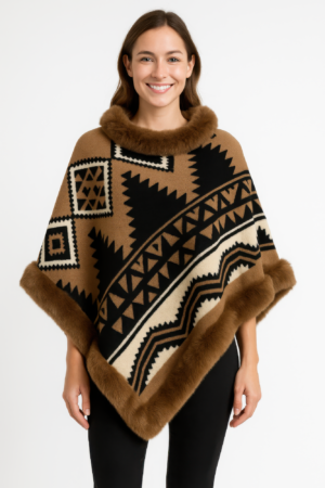 Tribal Luxe Faux Fur Trim Poncho – Geometric Pattern