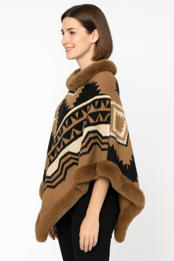 Tribal Luxe Faux Fur Trim Poncho – Geometric Pattern