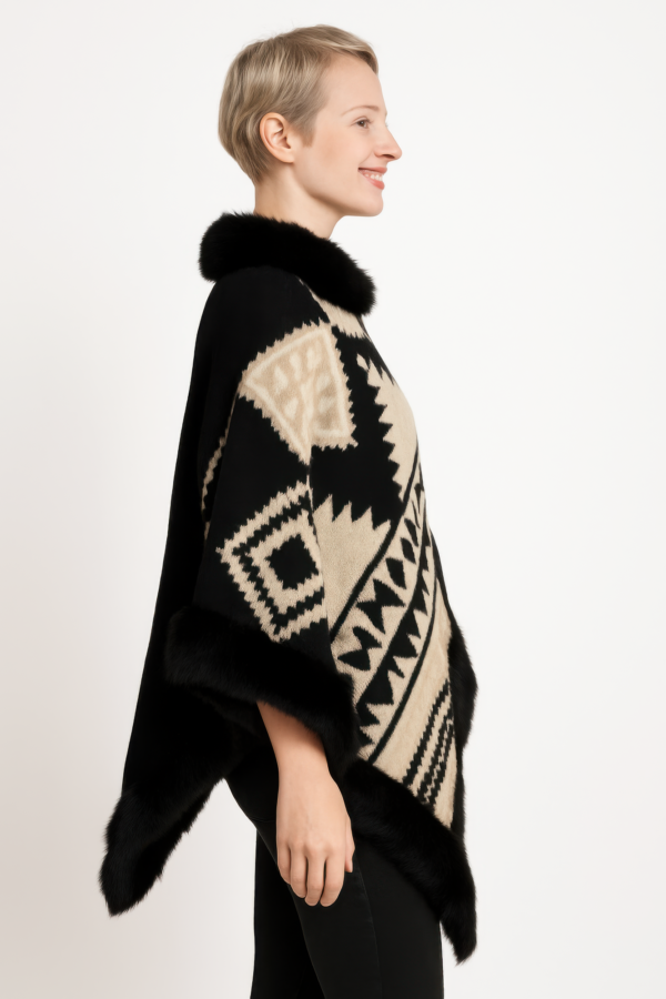 Tribal Geometric Faux-Fur Trim Poncho – Acrylic Knit