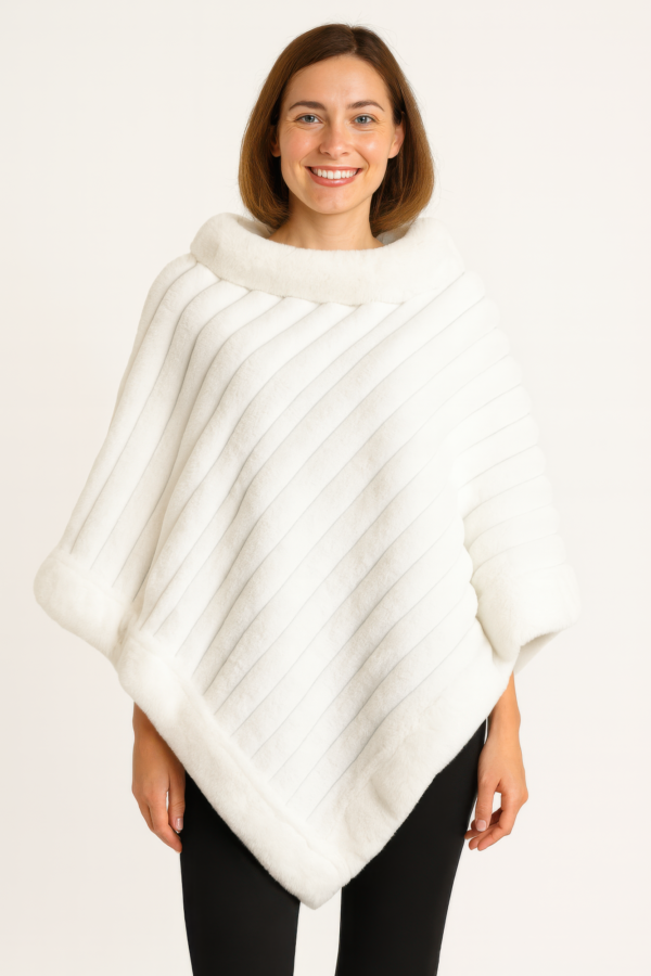 Diagonal Ribbed Faux Fur Poncho – Winter White