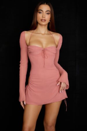 Peek Hole Halter Mini Dress with Flared Cuffs