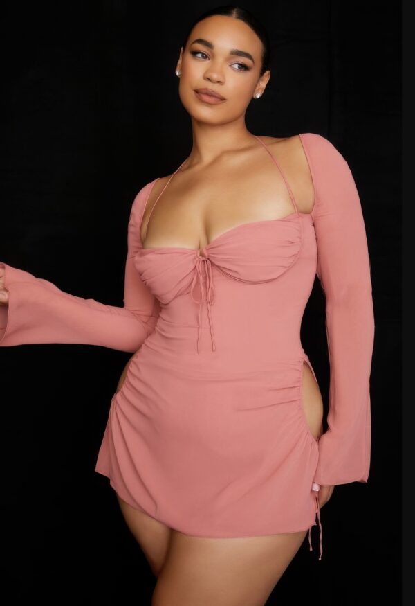 Peek Hole Halter Mini Dress with Flared Cuffs