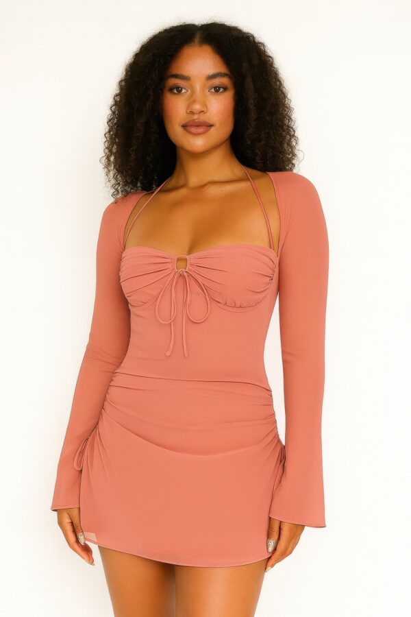 Peek Hole Halter Mini Dress with Flared Cuffs