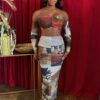 Gallery Muse Patchwork Two-Piece Set – Ruched Bandeau & Mesh Maxi