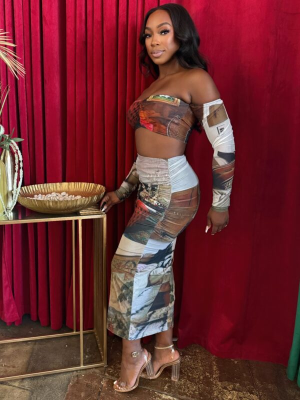 Gallery Muse Patchwork Two-Piece Set – Ruched Bandeau & Mesh Maxi