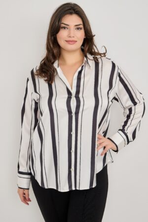 Plus Size Vertical-Stripe Button-Down Blouse