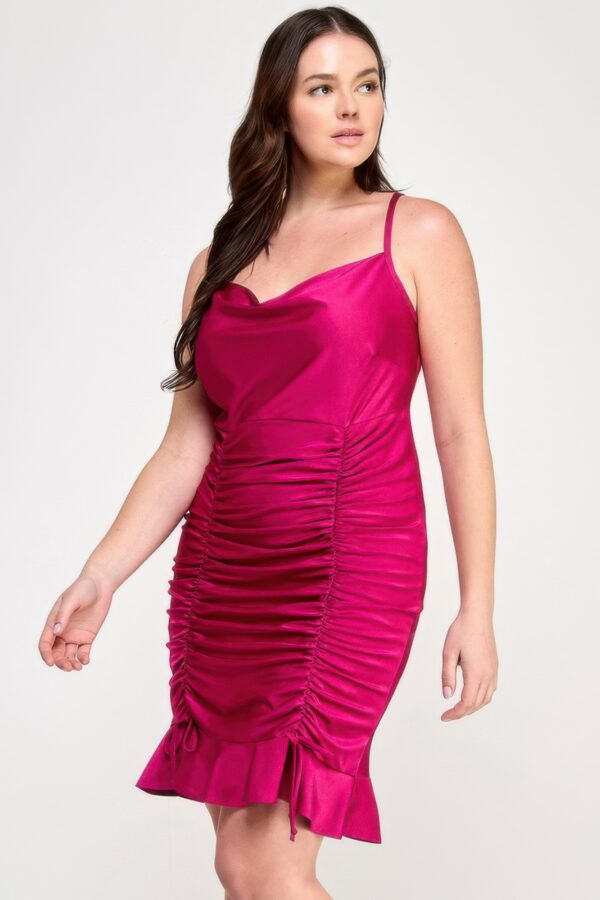 Plus Size Cowl Neck Ruched Ruffle Dress – Bow Detail